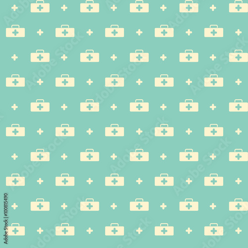 Medicine chest and cross icon seamless pattern. Background with first aid kit for healthcare center medical facility, pharmacy or support service
