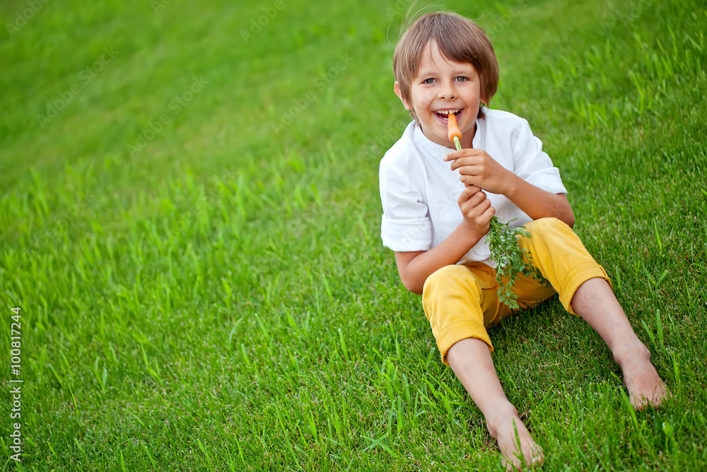 kid eating a carrot on the grass kid eating a carrot on the grass