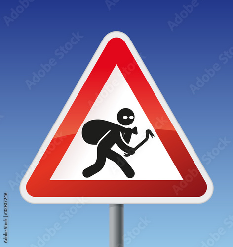 Schild Achtung mit Piktogramm Einbrecher mit Brecheisen