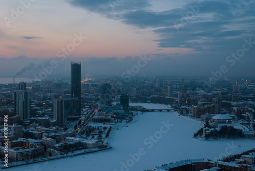 Cityscape at dusk  seen from the aerial view  