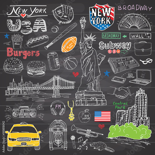 New York city doodles elements collection. Hand drawn set with, taxi, coffee, hotdog, burger, statue of liberty, broadway, music, coffee, newspaper, manhattan bridge, central park, on chalkboard