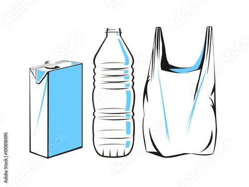 Vector drawing of a plastic carton, bottle and bag