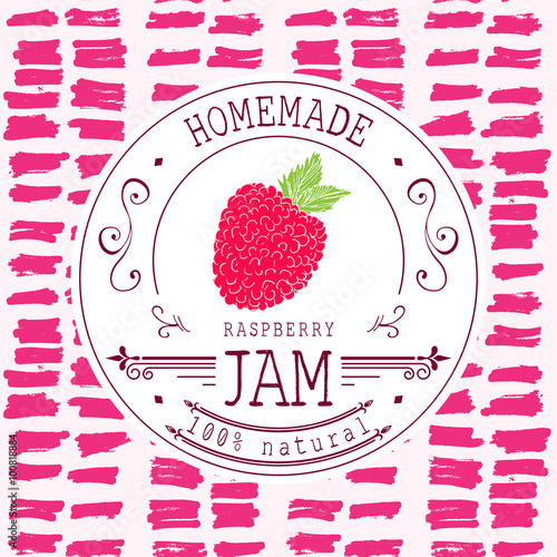 Jam label design template. for raspberry dessert product with hand drawn sketched fruit and background. Doodle vector raspberry illustration brand identity