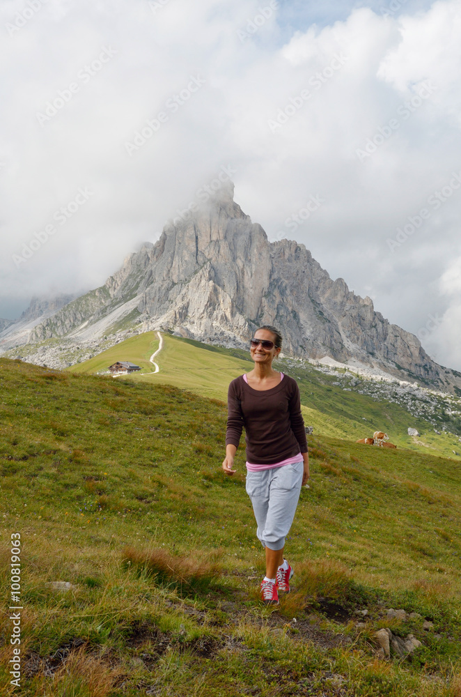 young woman tourist in alpine zone