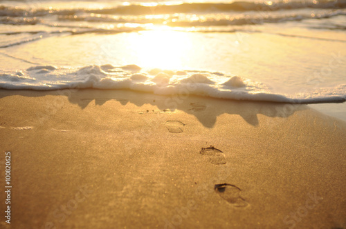 The footprints outgoing to the sea in the sunset