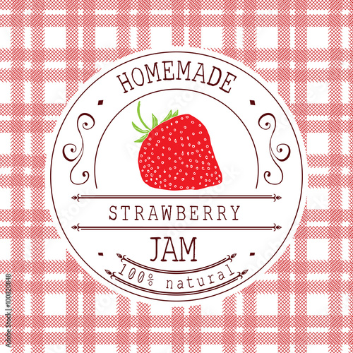 Jam label design template. for strawberry dessert product with hand drawn sketched fruit and background. Doodle vector strawberry illustration brand identity