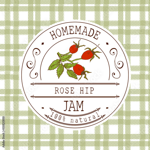 Jam label design template. for Rose hip dessert product with hand drawn sketched fruit and background. Doodle vector Rose hip illustration brand identity