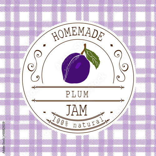 Jam label design template. for plum dessert product with hand drawn sketched fruit and background. Doodle vector plum illustration brand identity