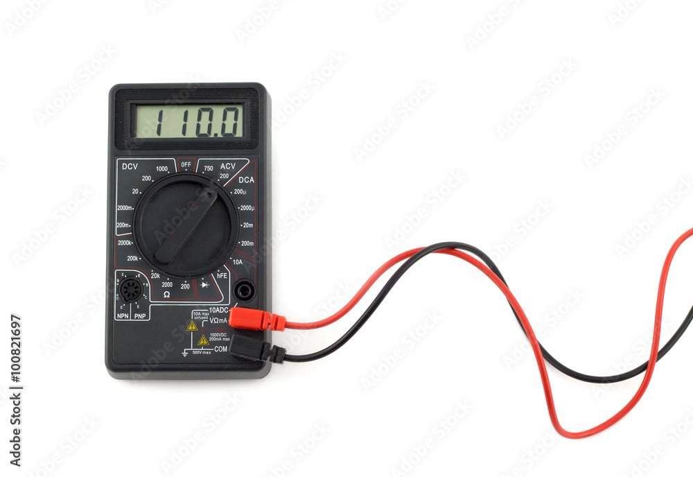 Digital multimeter with red and black wires shows 110 volts on LCD display. Electronic multimeter isolated on white background closeup