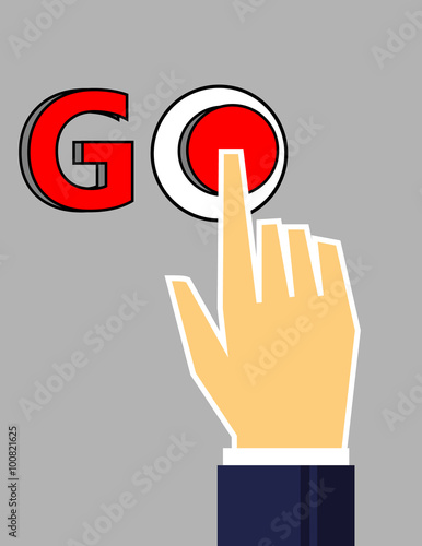Stylized hand in a business suit sleeve pressing a start up button in the word GO