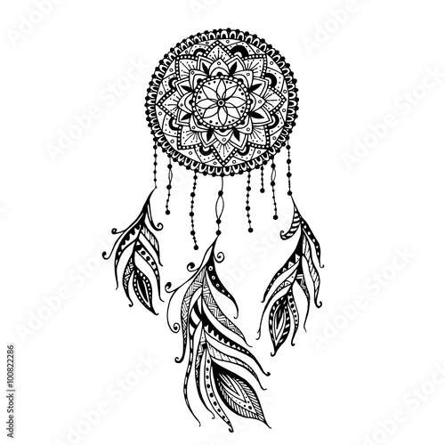 Hand-drawn mandala dreamcatcher with feathers. Ethnic illustration, tribal, American Indians traditional symbol.