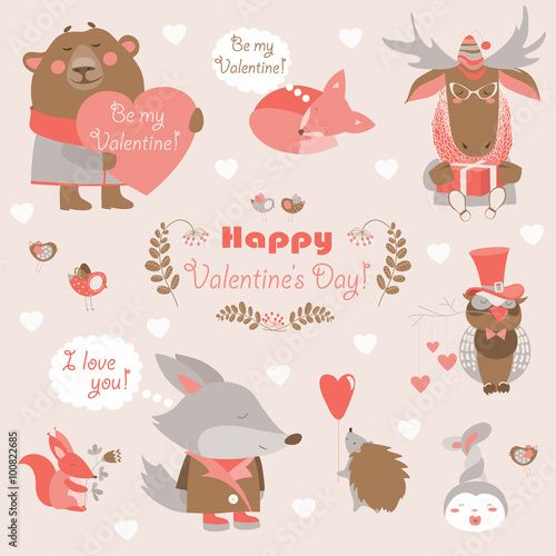 Valentine set of fun animals with hearts and flowers