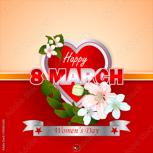 Holiday design, background with label heart shaped and bouquet of flowers on colorful, backdrop for 8 March and Women's Day text on silver ribbon 