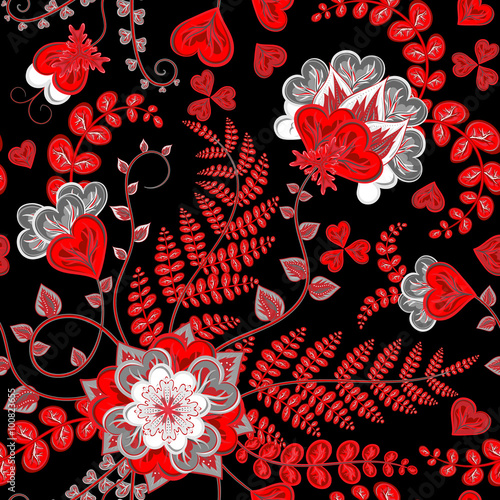 Elegant seamless pattern with red fantasy flowers and leaves  on  the dark background.