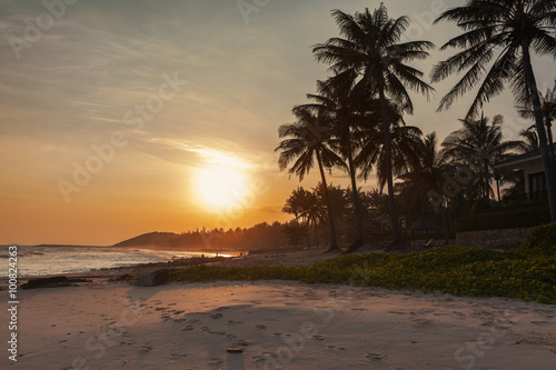 Beautiful sunset tropical beach with palm trees