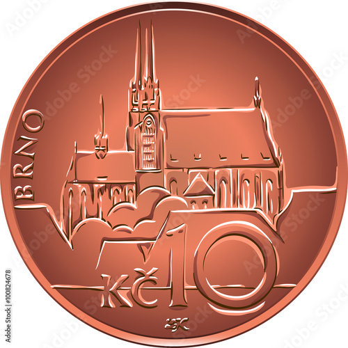 Gold money, reverse of the coin ten czech crones with nominal, the inscription Brno,  and city view 
