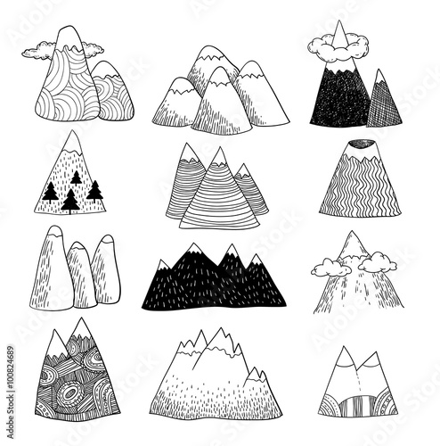 Set of hand Drawn mountains vector illustration.