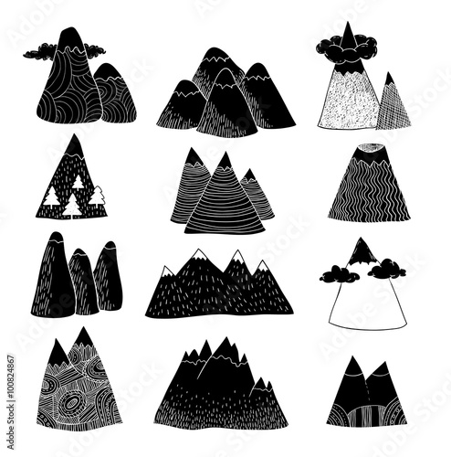 Set of hand Drawn mountains vector illustration.