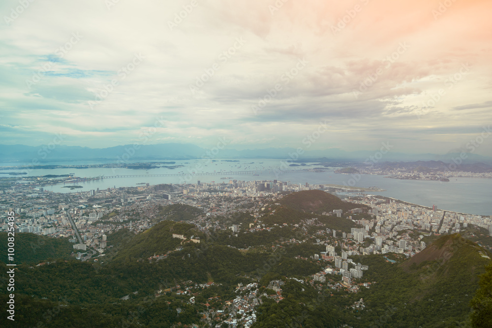 Wide view from above of Rio de Janeiro, Brasil, sunset