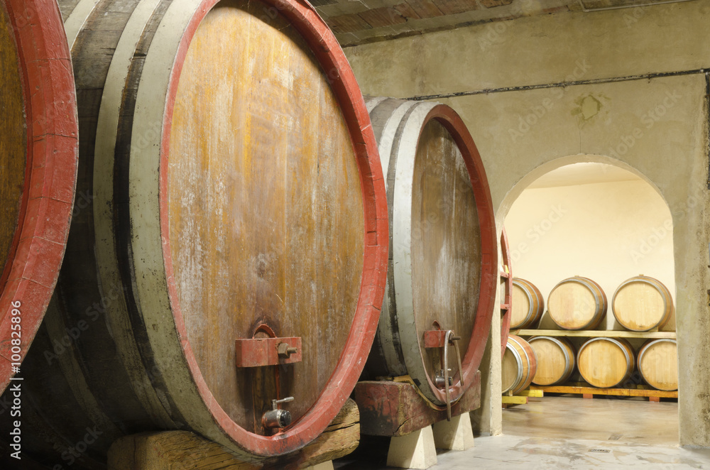 cave à vin française avec des grands tonneaux