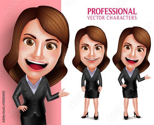 Set of 3D Realistic Professional Woman Character with Business Outfit Happy Smiling while Pointing or Showing in Poses Isolated in White Background. Vector Illustration
