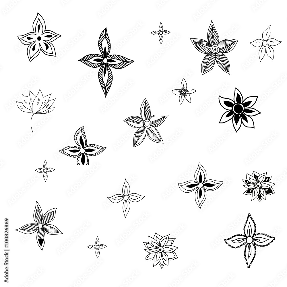 Set of black handdrawn vector doodle flowers Set of black handdrawn vector doodle flowers
