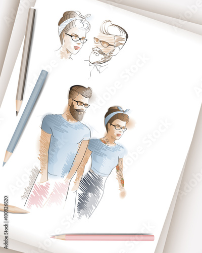 artistic drawing / coloured sketches of hipster