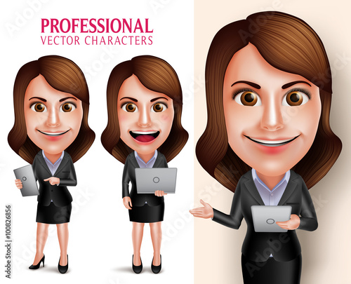 Set of 3D Realistic Professional Woman Character with Business Outfit Happy Smiling Holding Mobile Tablet and Laptop Isolated in White Background. Vector Illustration

