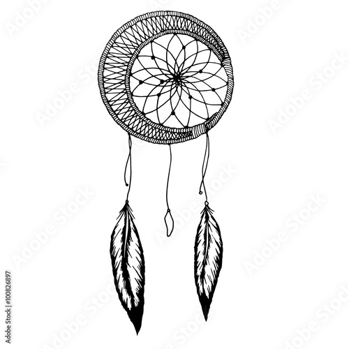 Hand-drawn dreamcatcher  with feathers. Ethnic illustration, tribal