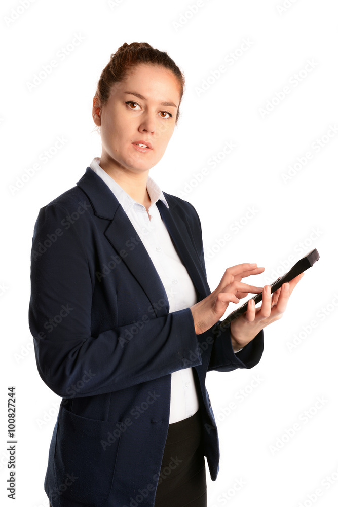 Young business woman calculating finance and thinking. White background isolated Young business woman calculating finance and thinking. White background isolated