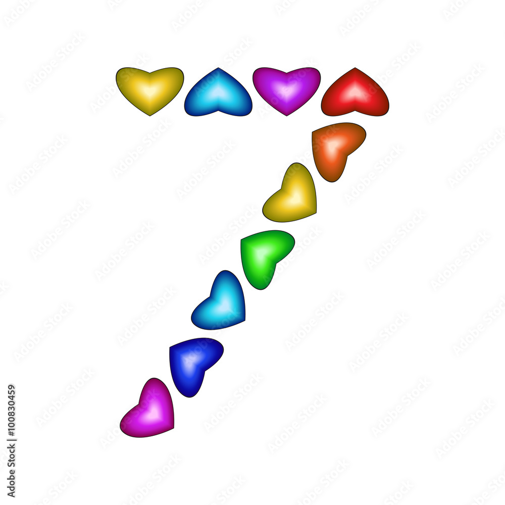 Number 7 made of multicolored hearts
