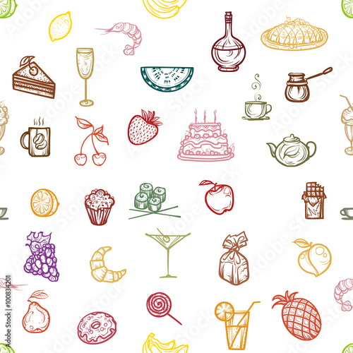  Seamless pattern snacks, fruit and dessert.