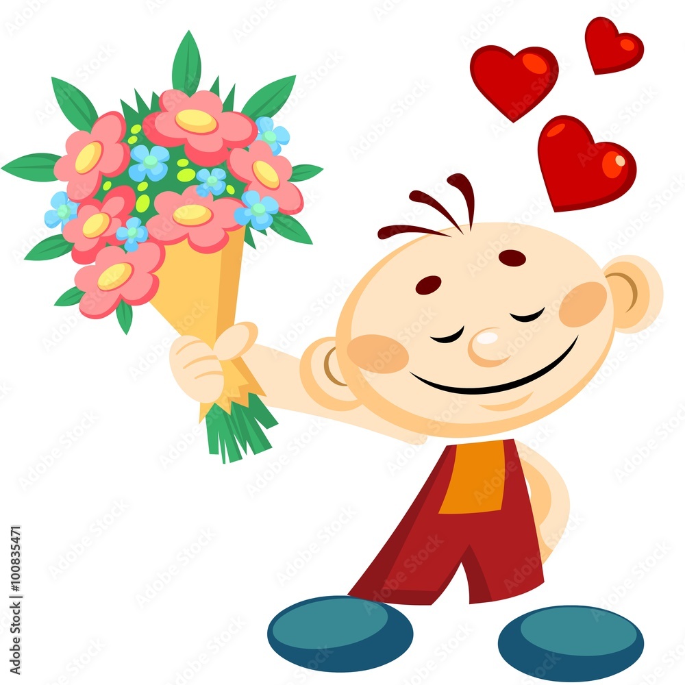 Cartoon smiling boy gives a flowers at Valentine's day. Cartoon smiling boy gives a flowers at Valentine's day.