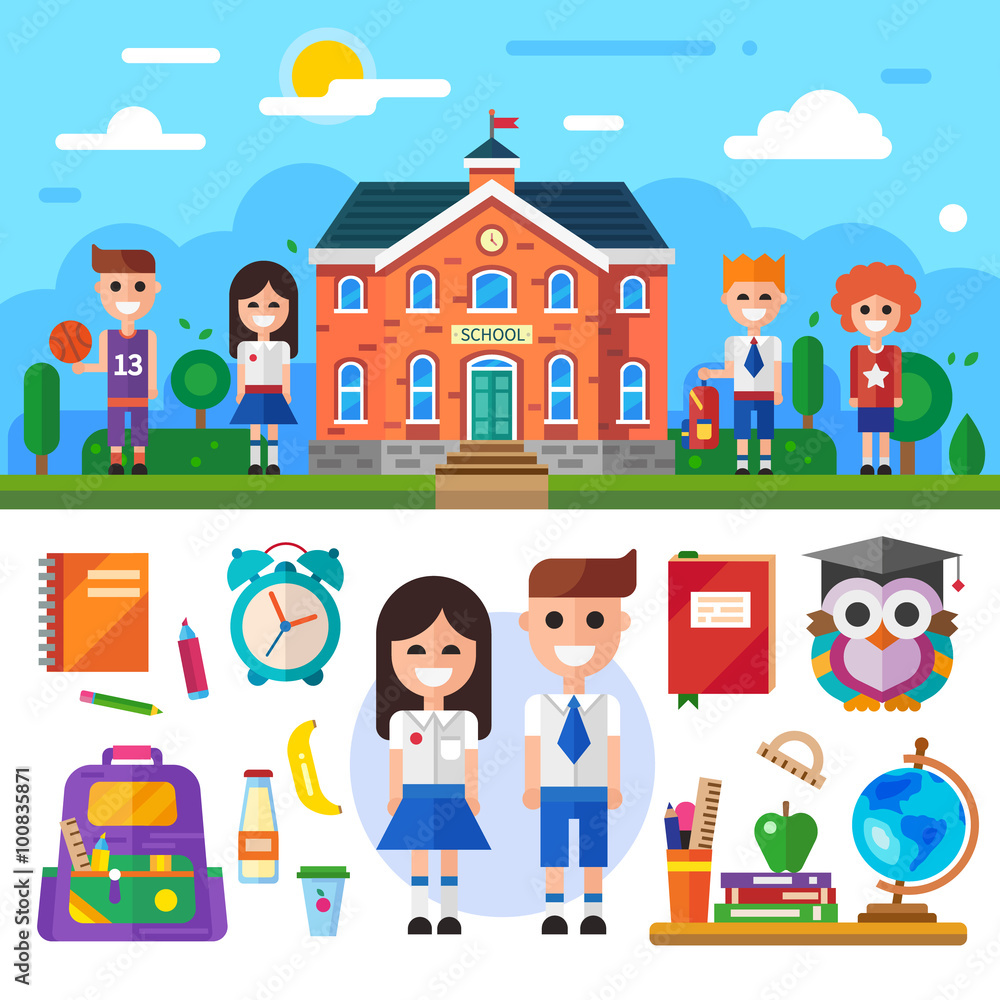 Welcome to School! Middle school illustration with isolated items: pupils, students, sporty guy, notebook, backpack, pen and pencil, school stuff, globe, wise owl :) Flat vector illustration set.
