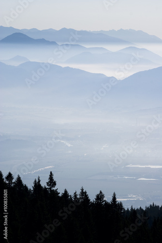Mountain in fog with forest silhouette