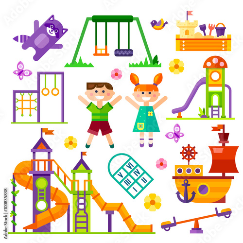 Children's playground. Teeter board, Swings, sandpit, sandbox, bench, tree-house, children slide, happy boy and girl, toy ship. Baby-themed flat stock illustration with isolated elements.