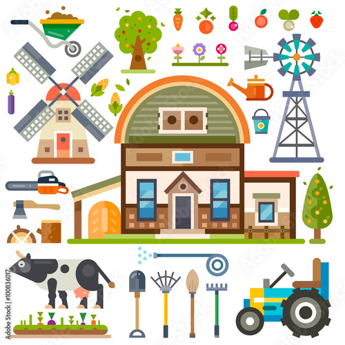 Rural agricultural isolated pictures set: farm house, tools, tractor, windmill, plants, vegetables, broom, shovel, axe, firewood, chainsaw, cow, farm animals. Flat vector stock illustration.