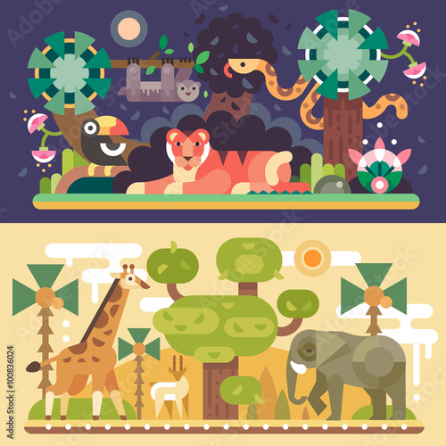 Desert and Jungle African animals: Tiger, Toucan Bird, Sloth bear, boa snake, giraffe, antelope, elephant. Day and night summer landscape flat vector illustrations.