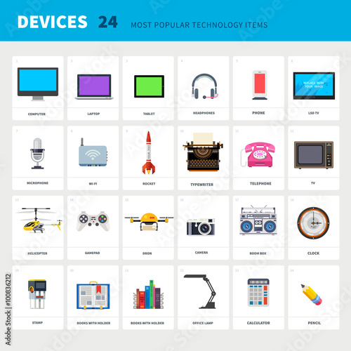 "Must have" devices for each designer: lcd TV, notebook , laptop , tablet, headphones, mobile phone, wi-fi router, telephone, drone, toy helicopter, boombox, pencil. Flat vector illustration.