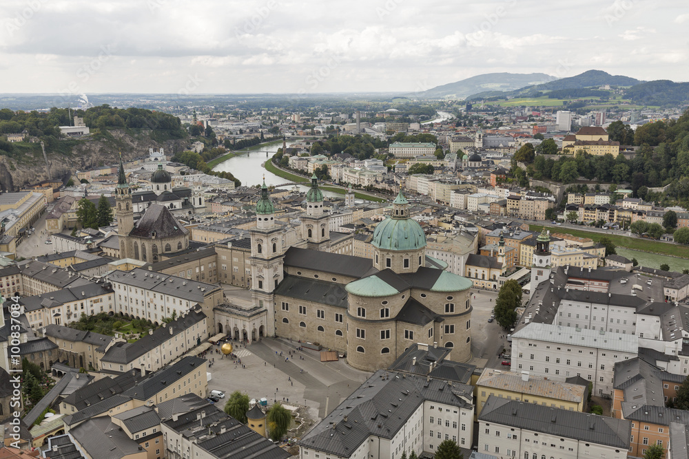 Aerial view over Salzburg city center, Austria