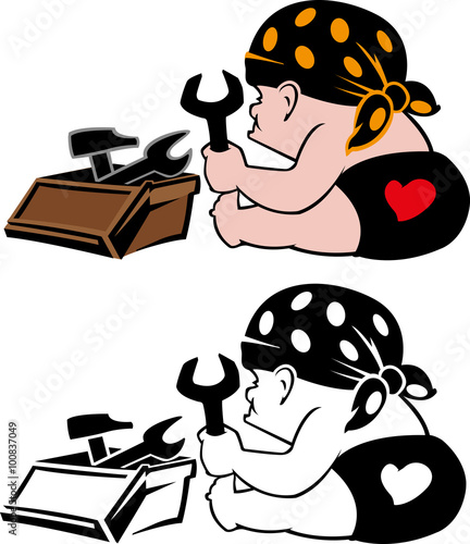 Mechanic baby sitting at a toolbox in a hearted diaper