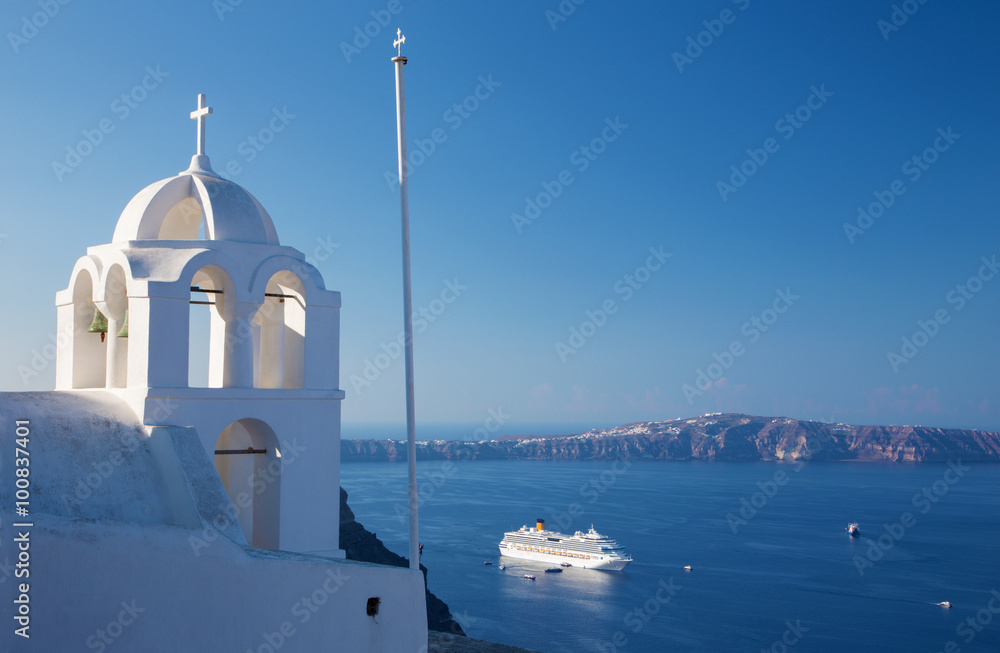 Santorini - The outlook from Fira ower the church tower to caldera and the cruise.