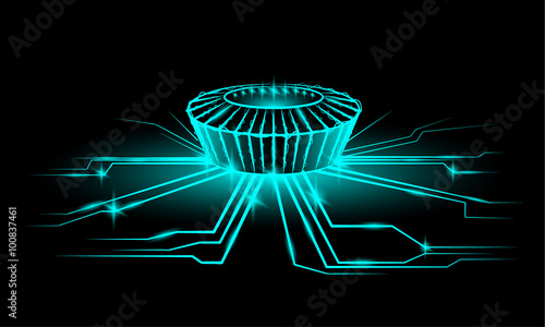Night stadium with the ball. Rays of energy. Neon style
