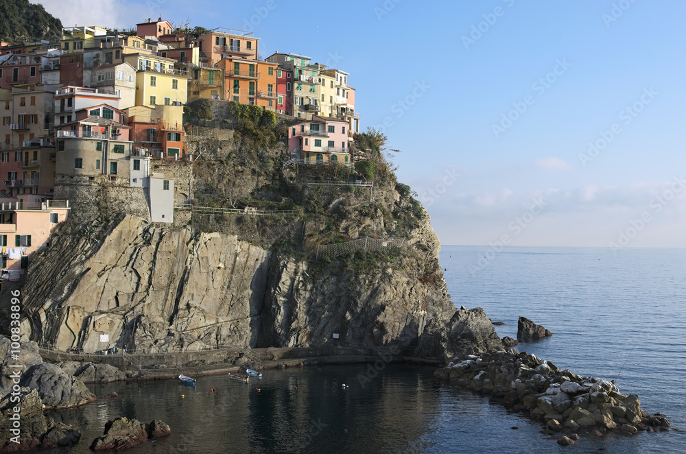 A small town built on the rocks. Manarola. The Cinque Terre. Ita