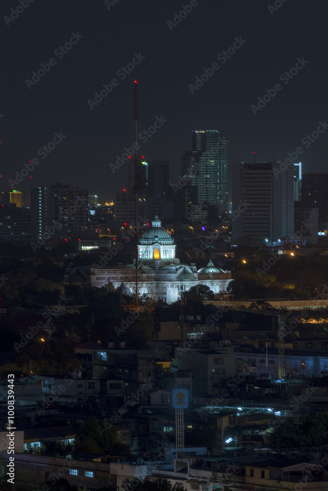 The Ananta Samakhom Throne Hall (Thailand white house) marble building famous place destination travel in THAILAND . The old Thai parliament top view at night in BANGKOK THAILAND