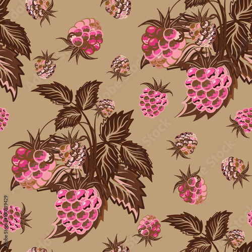 Seamless pattern with pink raspberries on beige background in cartoon style. Hand drawn design for Thank you card, Greeting card or Invitation or fabric. Vector illustration.