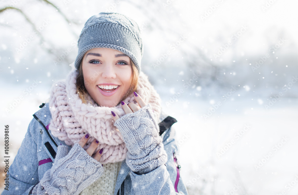 Woman in winter clothes in a hat fun winter landscape there is a lot of snow  around high quality photo - Stock Image - Everypixel