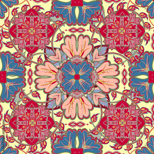 Vector bright pattern. East ornament with  colorful blue red yellow details on the turquoise background. Template for any surface. Elegant backdrop with oriental ornaments of mandalas.