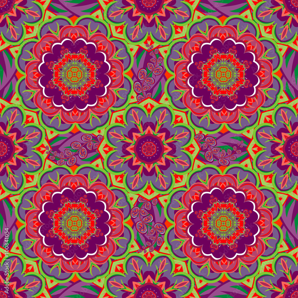 Oriental traditional ornament, Mediterranean seamless pattern, tile design, vector illustration. Vector bright purple pattern.