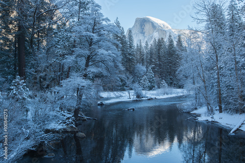 haft dome reflection in yosemite national park winter